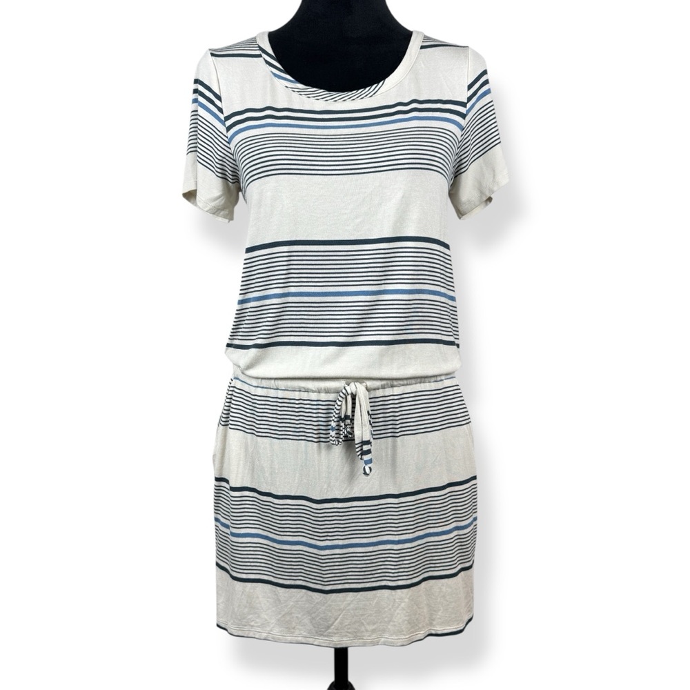 Chasor Dress Womens Medium M Blue White Striped Drawstring Waist Cutout Back NWT